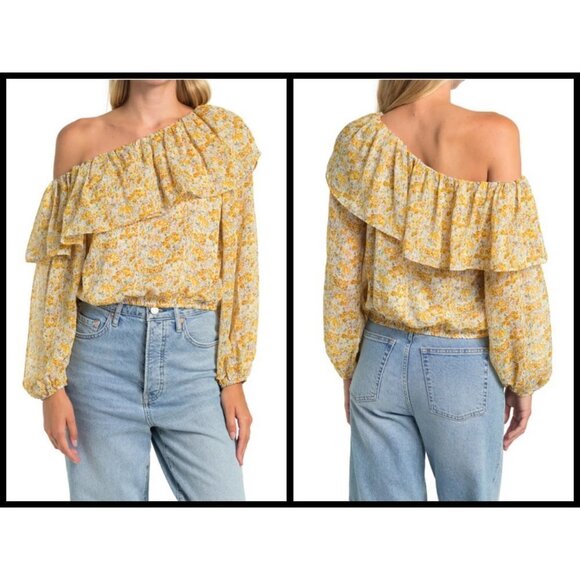 💕ASTR THE LABEL💕 Ruffle One Shoulder Top ~ Yellow Floral Print Small S NWT - Picture 1 of 9